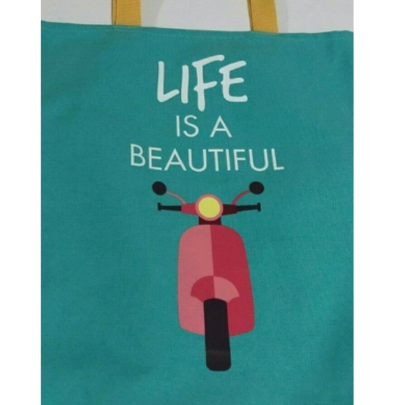 🆕 Lancôme Life is a Beautiful Ride Scooter Tote Bag Turquoise Blue Yellow New! - Picture 2 of 2